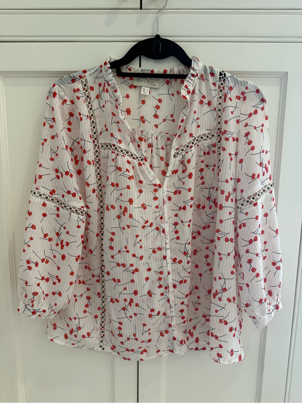 Split V-Neck White Blouse with Red Floral Print
